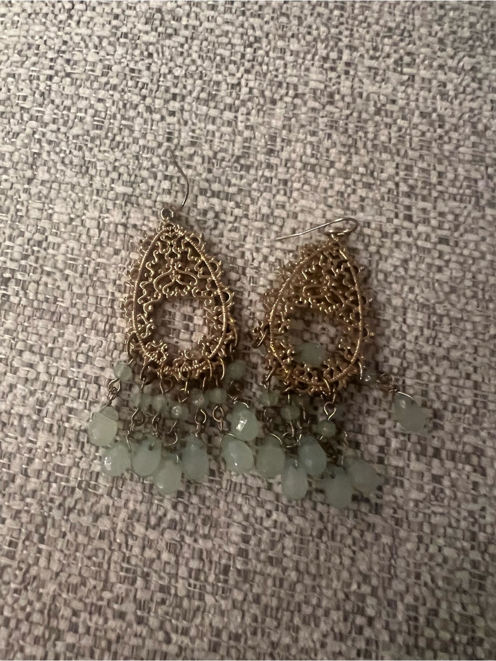 Gold Filigree Teardrop Earrings with Pale Green Beads